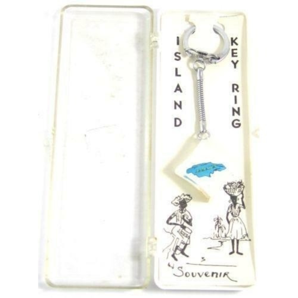 Vintage Jamaica Travel Souvenir Silver Tone‎ Keychain*Blue & White Resin Square
